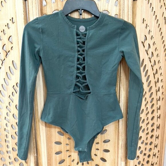 Urban Outfitters Long Sleeve Lace-Up Bodysuit – Forest Green (Size S) - Picture 1 of 4